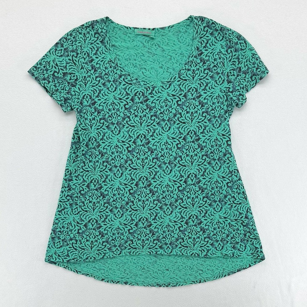 Fresh Produce Damask Top Womens Medium Teal Green Short‎ Sleeve High-Low Cotton